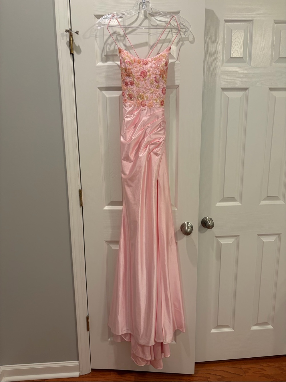 Faviana Pink Floral Appliqué Satin Prom Gown